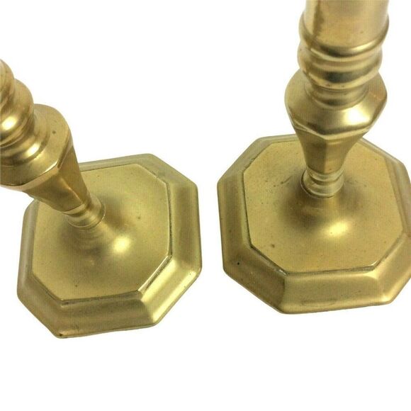 Antiqued Brass Candlesticks Holders 7 Inches Heavy Square Base Made in Korea - Picture 6 of 10